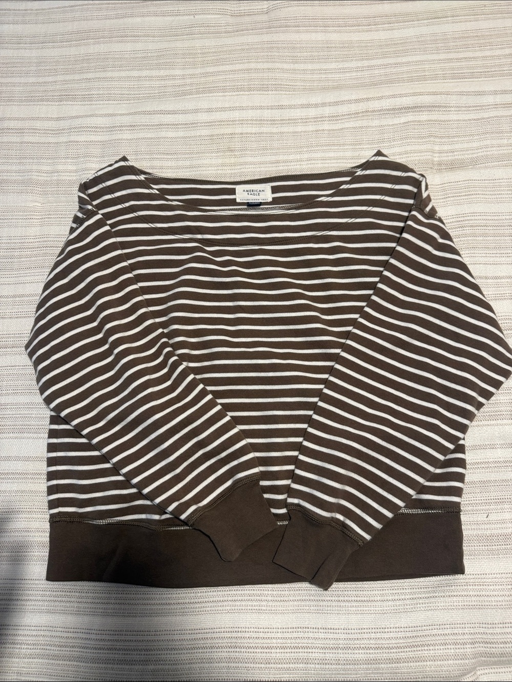American Eagle Brown and White Striped Boatneck Top